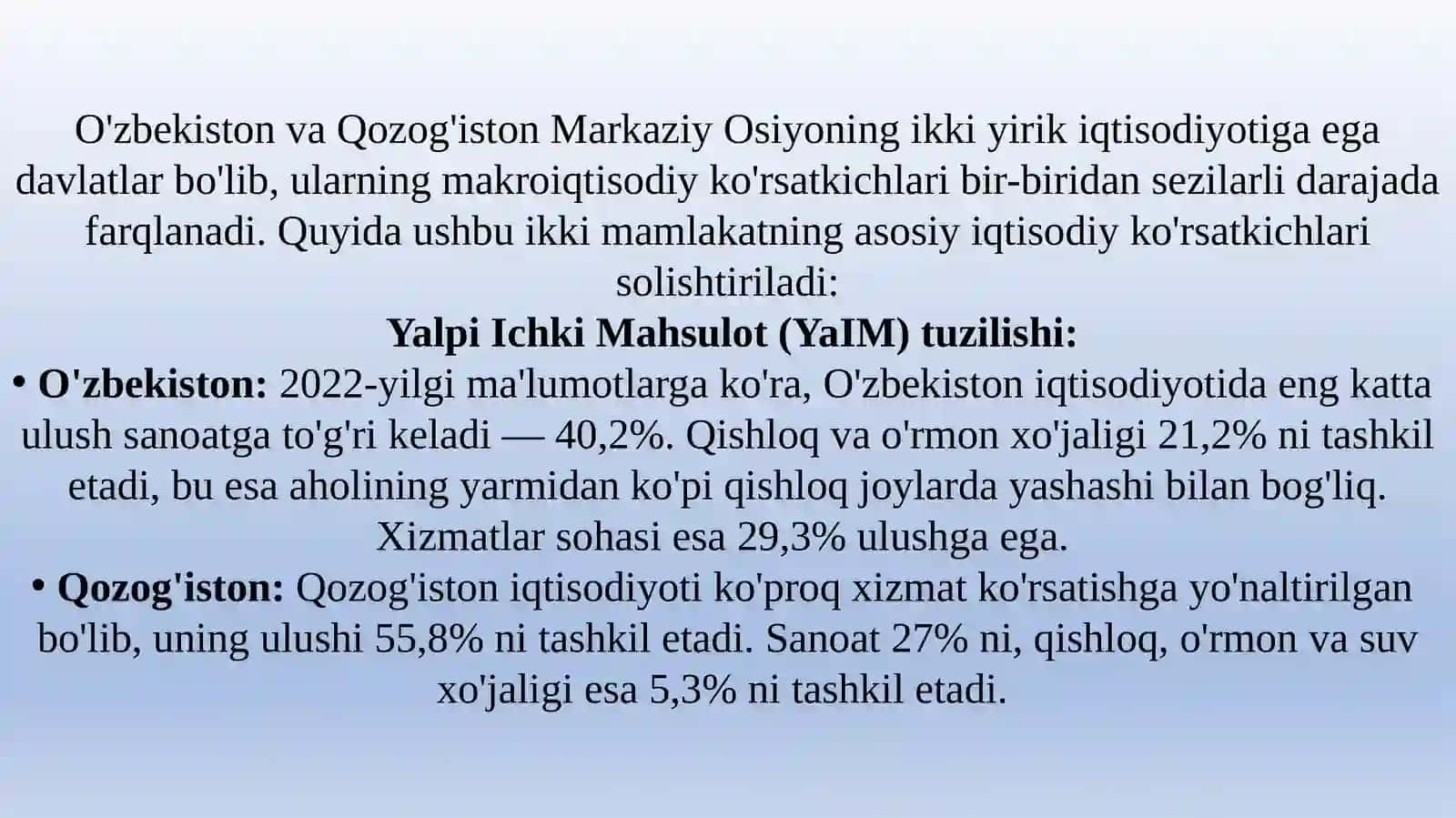 O'zbekiston va Qozog'iston makroiqtisodiy ko'rsatkichlarini solishtirish 4