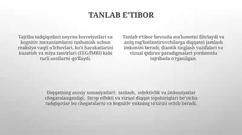 Diqqatning asosiy xususiyatlari va ularning ekisperimintal tatqid qilinishi 4
