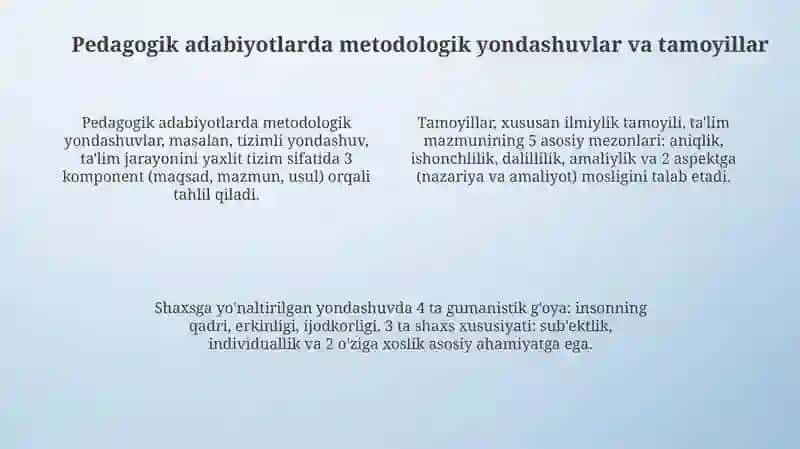 Pedagogik adabiyotlar, maʼlumotnomalarni oʻqib-oʻrganish orqali "metodika"tushunchasini ochish 4