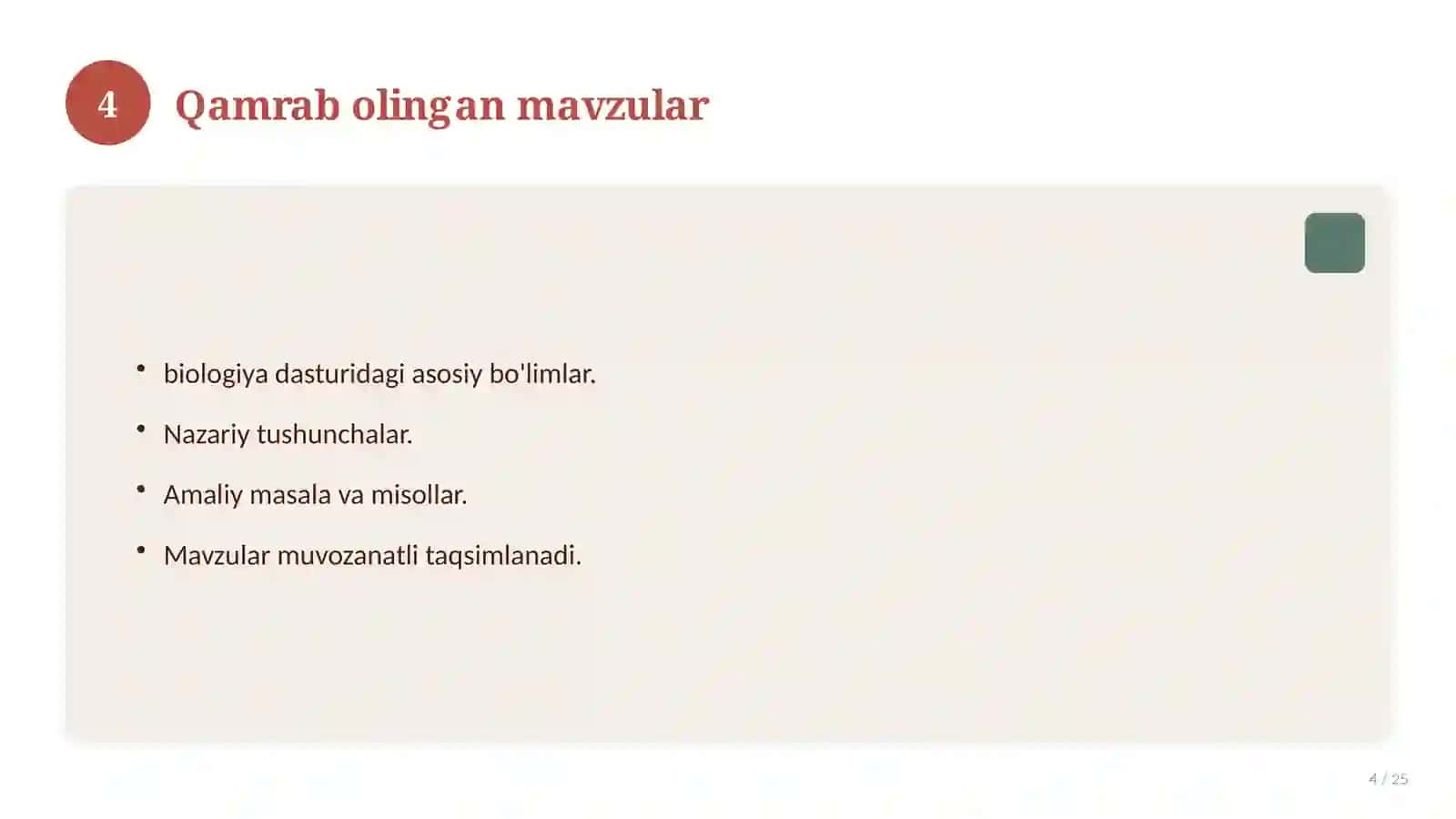 Biologiya fanidan 8-sinf test savollari to'plami 4