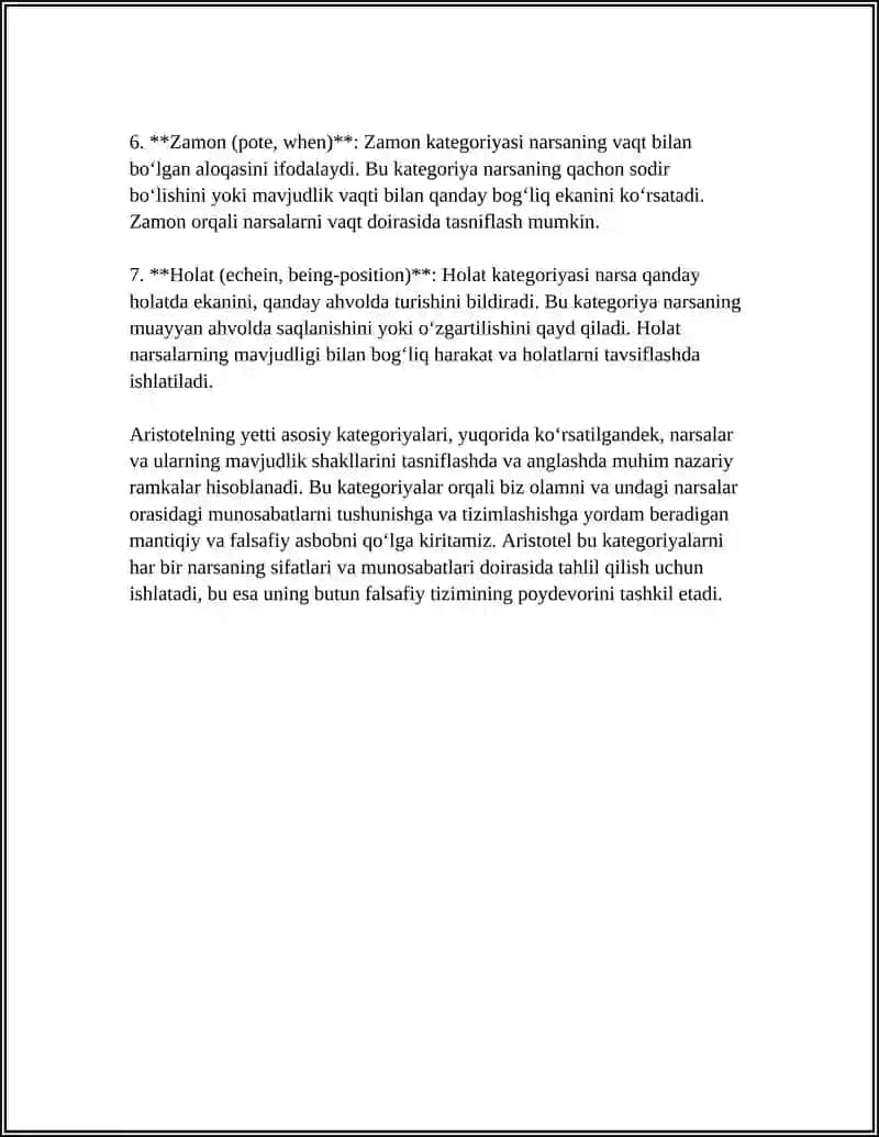 "ARISTOTEL, FOROBIY VA KANT ONTOLOGIYASIDA KATEGORIYALARNING TASNIFI" 4