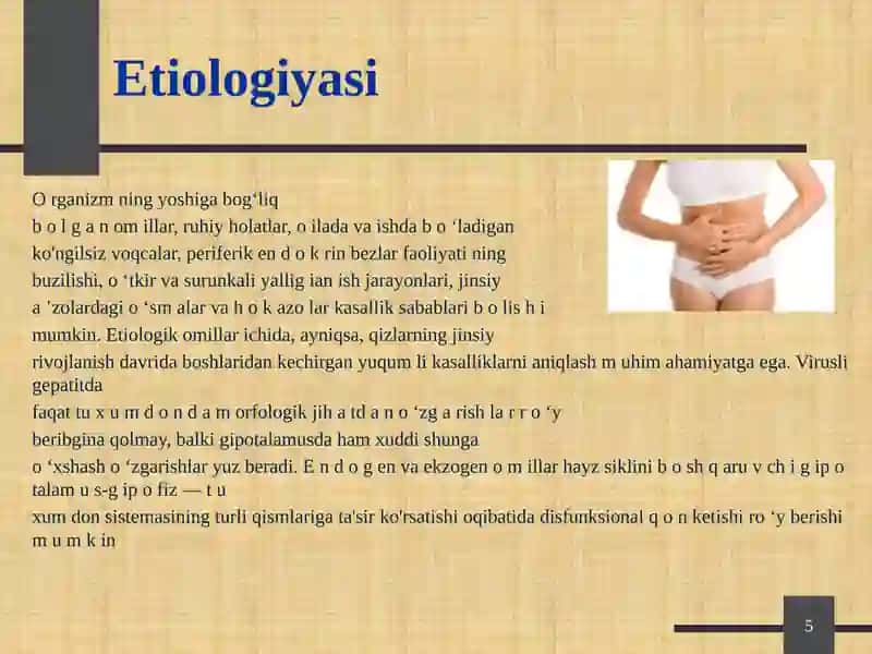Qiz bolalar va o‘smir qizlarda hayz siklining buzilishi. O'smirlarda amenoreya.Yuvenil qon ketishlar. Algodismenoreya. Qiz bolalarda ginekologik tekshirish usullari 4