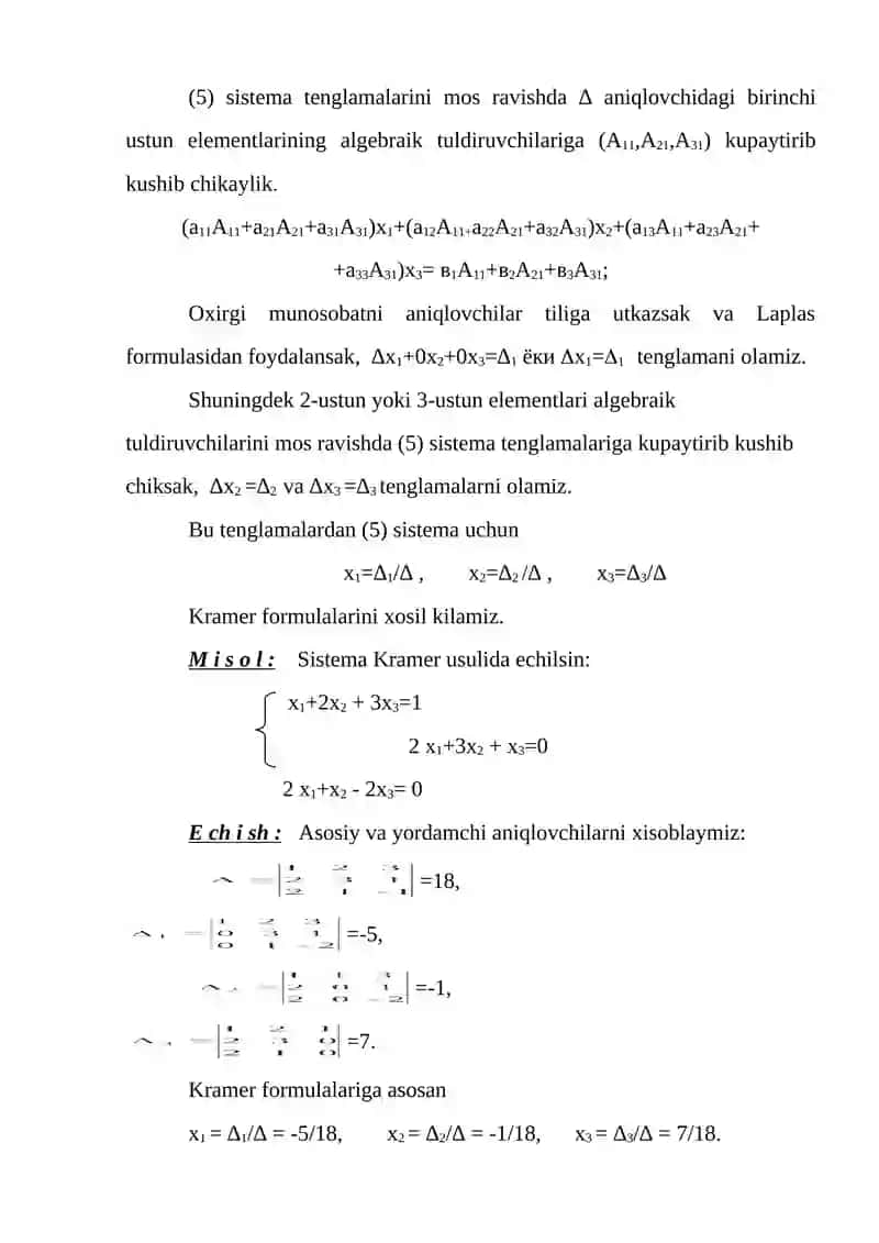 Chiziqli tеnglamalar sistеmasini еchishning kramеr va gauss usullari 4