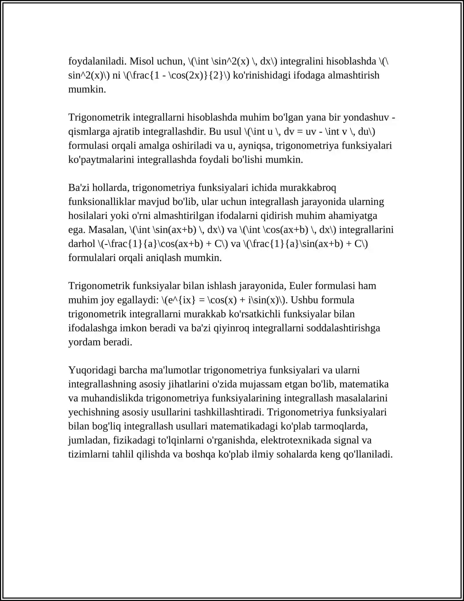 TRIGONOMETRIK VA BA’ZI IRRATSIONAL FUNKSIYALARNI INTEGRALLASH 4