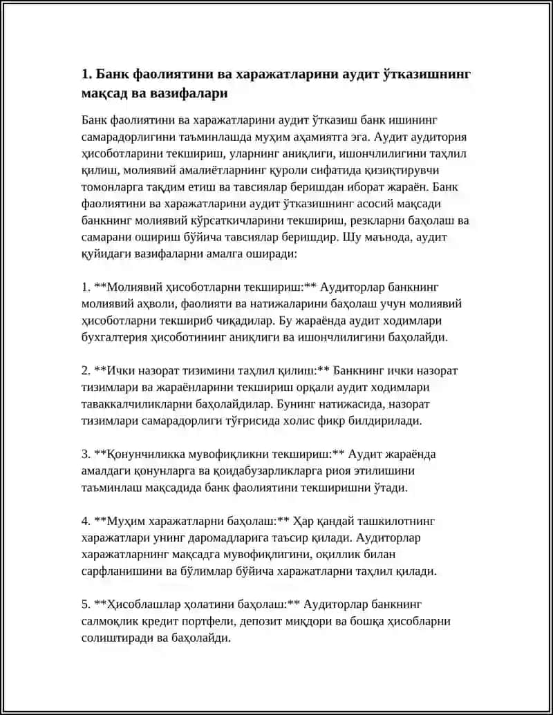 БАНК ФАОЛИЯТИ, УНИНГ ФАОЛИЯТИ ВА ХАРАЖАТЛАРИ АУДИТИ БУЙИЧА АУДИТОРЛИК ХУЛОСАЛАРИ 4