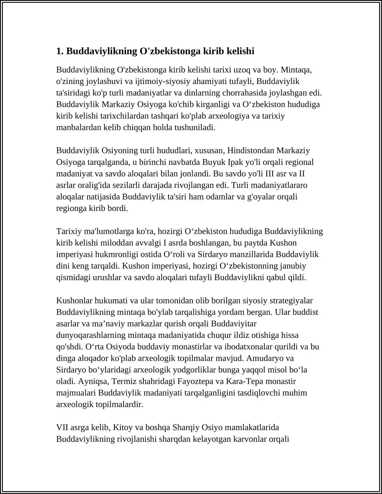 O'ZBEKISTONDA BUDDAVIYLIK DININING TARIXIY ILDIZLARI ( QORATEPA, FAYOZTEPA, DALVARZINTEPA ) VA HOZIRGI ZAMON 4