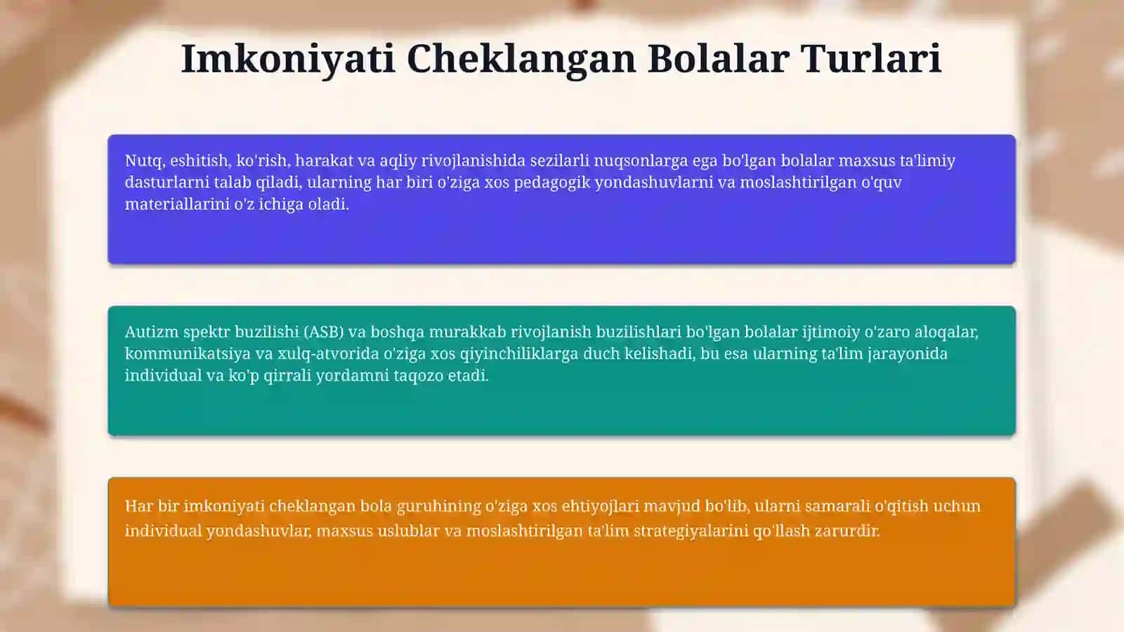 Ilmiy va metodik qollanmalarini yaratilishi. ( imkoniyati cheklangan bolalar uchun ) 4