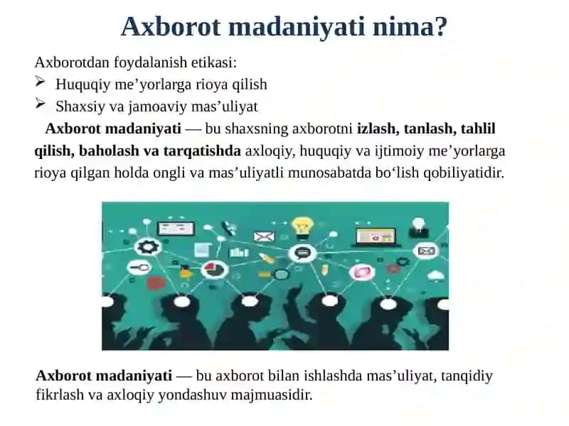 Media savodxonlik va axborot madaniyati fanining predmeti va jamiyat taraqqiyotidagi o‘rni 4
