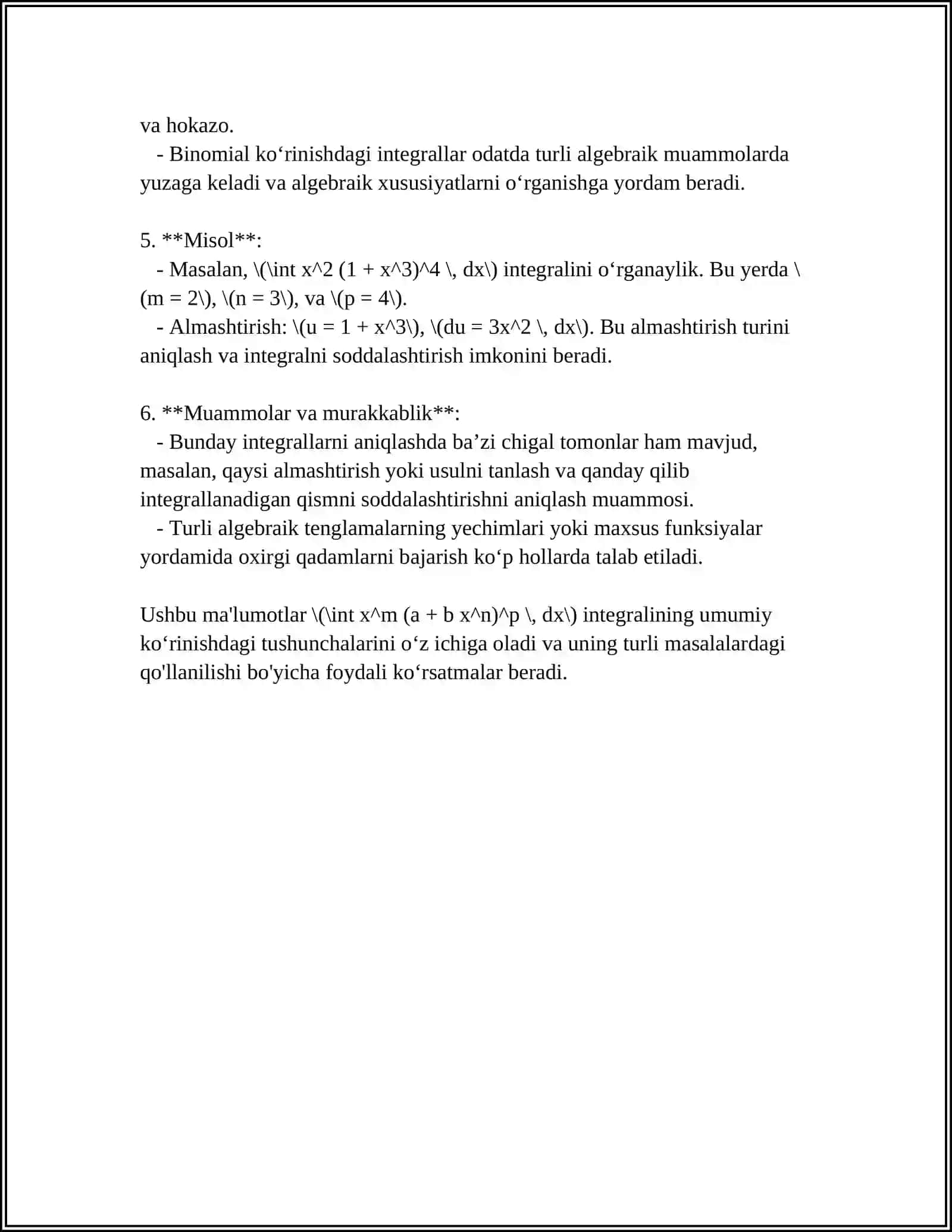 BINOMIAL FUNKSIYANI INTEGRALLASH 4