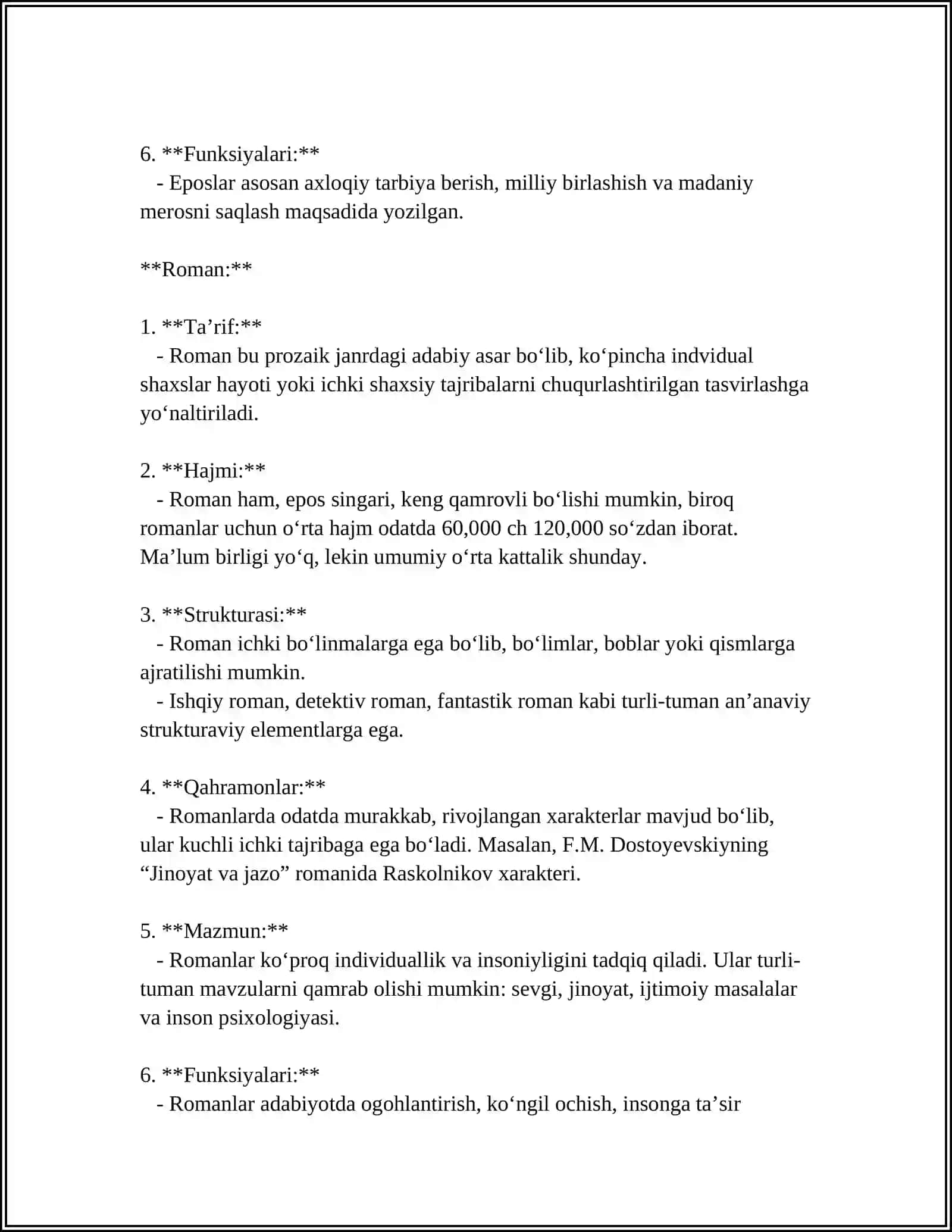 EPOS VA ROMAN: Janrlar Xususiyatlari 4