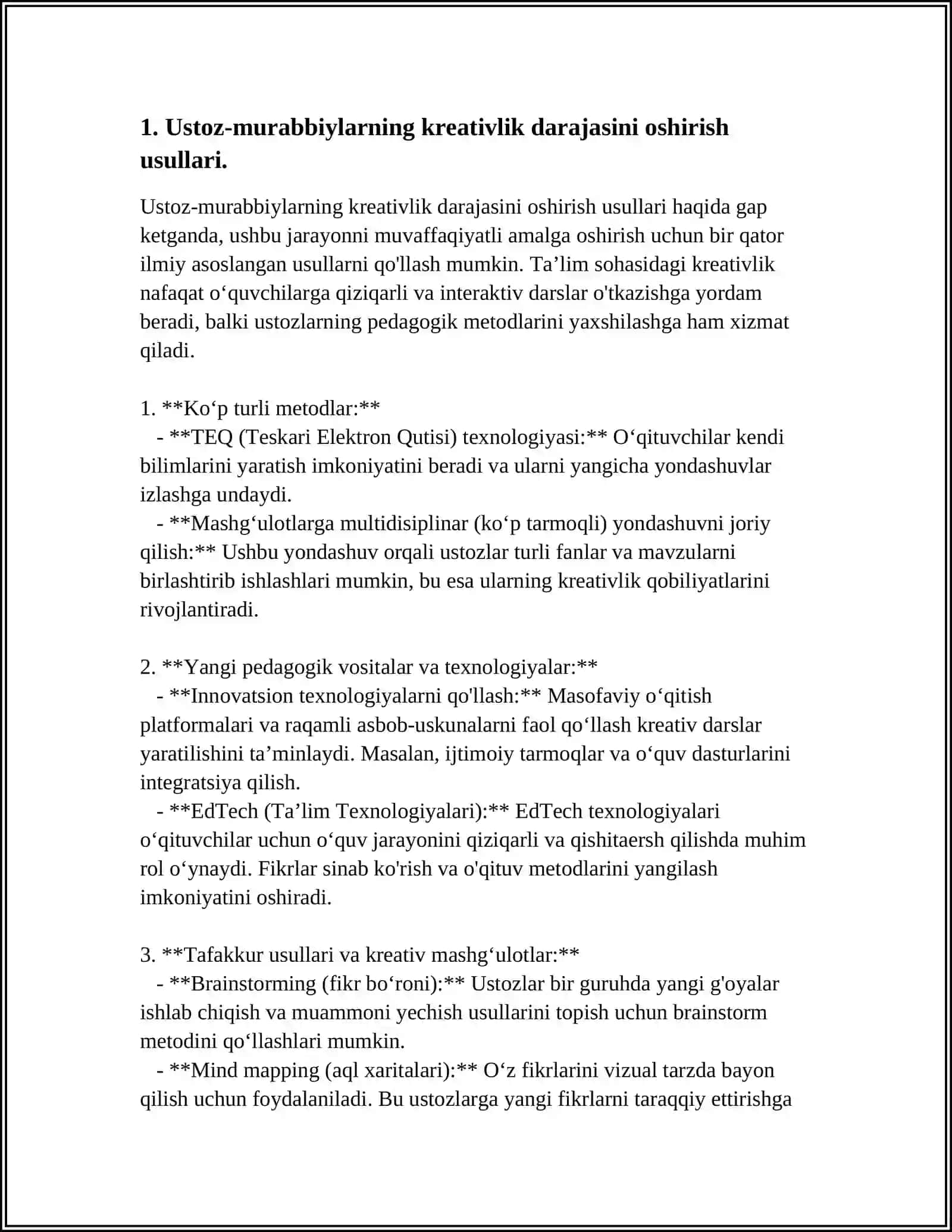 USTOZ-MURABBIYLARNING KREATIVLIK SIFATLARI. SPORTCHILARLARIDA KREATIVLIK SIFATLARINI RIVOJLARTIRISHNING SAMARALI YO'LLARI VA SHARTLARI 4