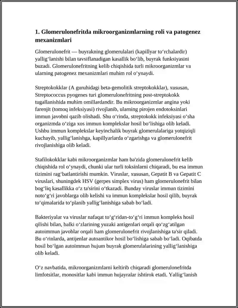 GLOMERULONEFRIT ENDOKARDIT YARALI KOLIT VA BOSHQA KASALLIKLAR KELIB CHIQISHIDA MIKROORGANIZMLARNI AHAMIYATI 4