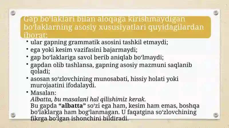 Gap bo'laklari bilan aloqa ga kirishmaydigan bo'laklar 4