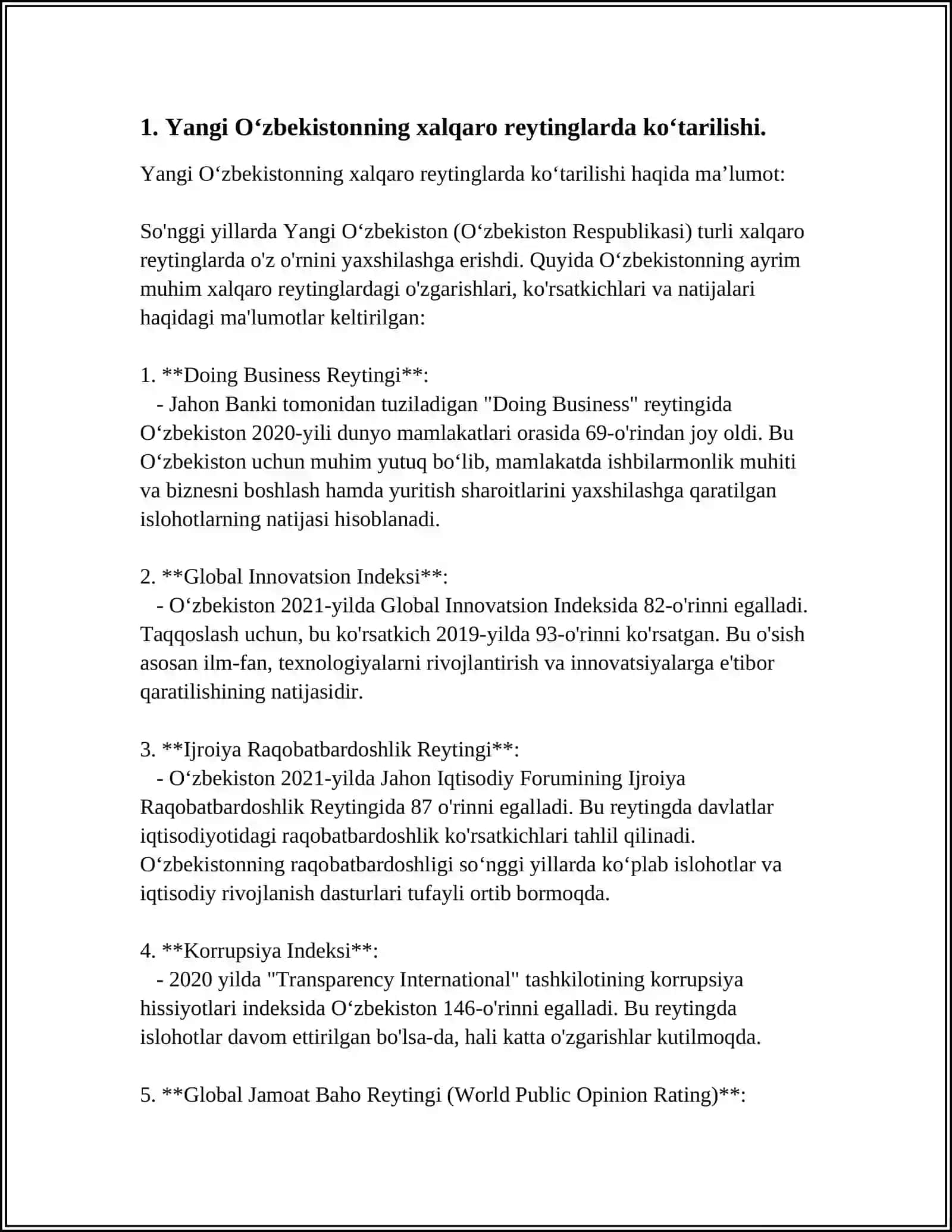 YANGI OZBEKISTON IJTIMOIY-SIYOSIY MADANIY HAYOTIDA ROY BERAYOTGAN OZGARISHLARNING XALQORO REYTING VA INDEKSLARDA AKS ETISHI 4