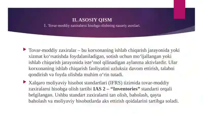 MOLIYAVIY HISOBOTLAR XALQARO STANDARTLARI TALABLARIGA MUVOFIQ TOVAR MODDIY ZAXIRALARNI HISOBGAOLISH 4