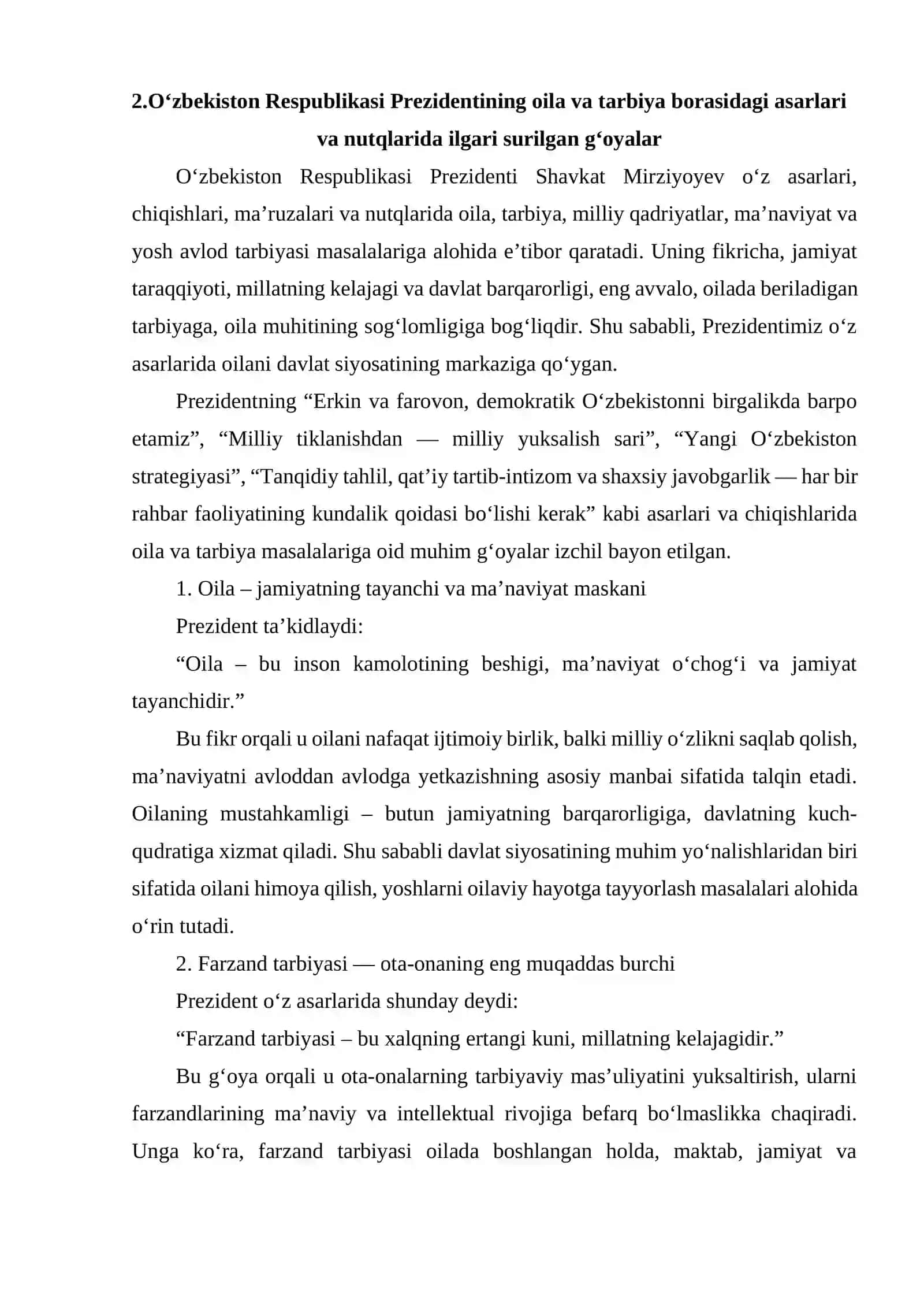 O'zbekiston Respublikasi Prezidentining Oila va Olila Tarbiyasi To'g'risidagi Fikrlari Bayon Etilgan Asarlarni O'rganish 4