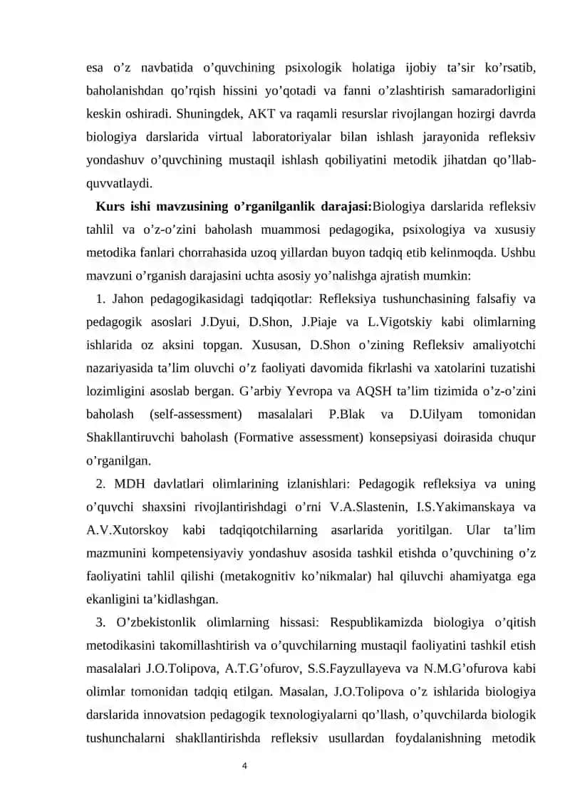 BIOLOGIYA DARSLARIDA REFLEKSIV TAHLIL VA O’Z-O’ZINI BAHOLASH kurs ishi 4