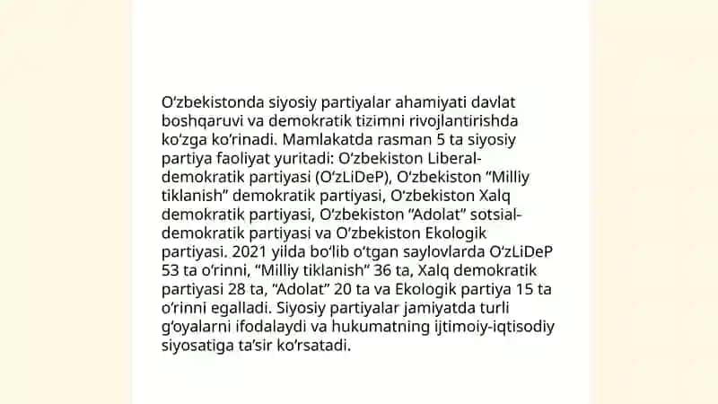 O'zbekistinda ko'ppartiyaviylik tizimining shakllanishi va uning ahamiyati 4