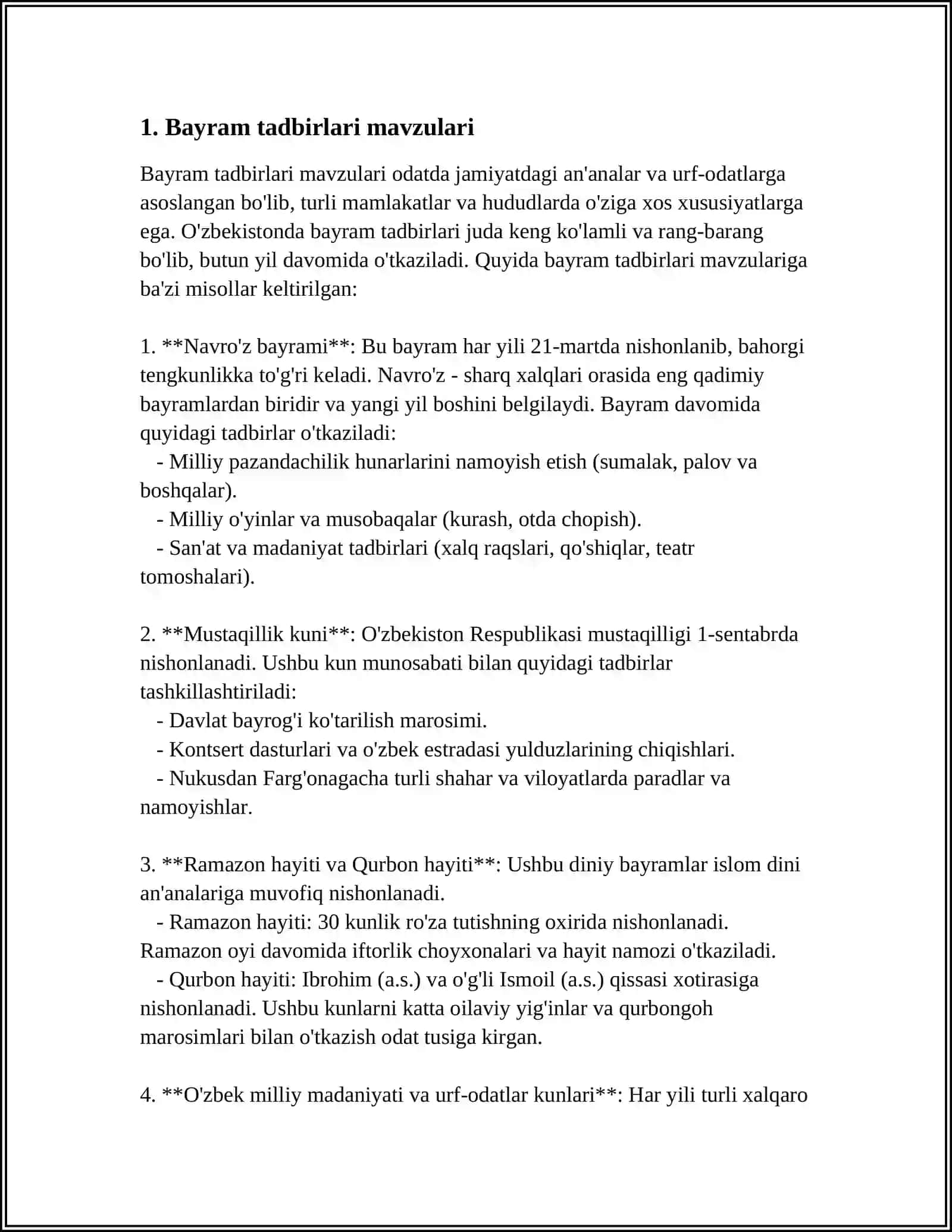 MUSIQA MASHGʻULOTLAR REJASIDA BAYRAM TADBIRLARI STRENARSIYASINI ISHLAB CHIQISH VA OʻTKAZISHGA QOʻYILADIGAN TALABALAR 4