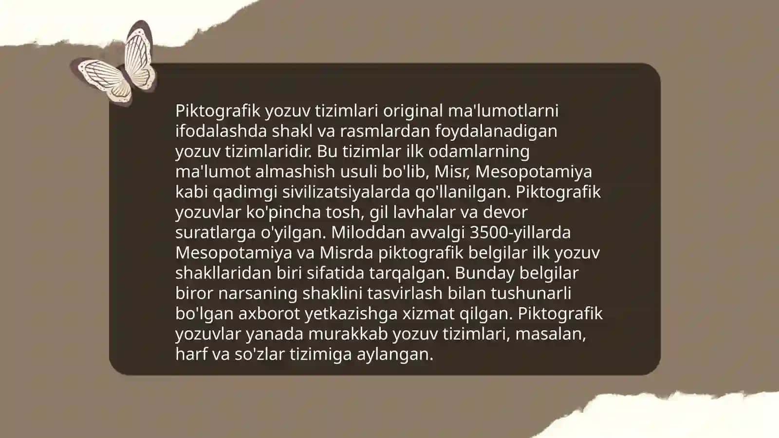 Til va yozuv, ularning padyo bõlishi haqidagi farazlar va ularning(piktografik,piktogramma,ideografik-logografik,ieroglifik,fonografik,silabik yozuv,stenografiya,transkripsiya)shakllari 4