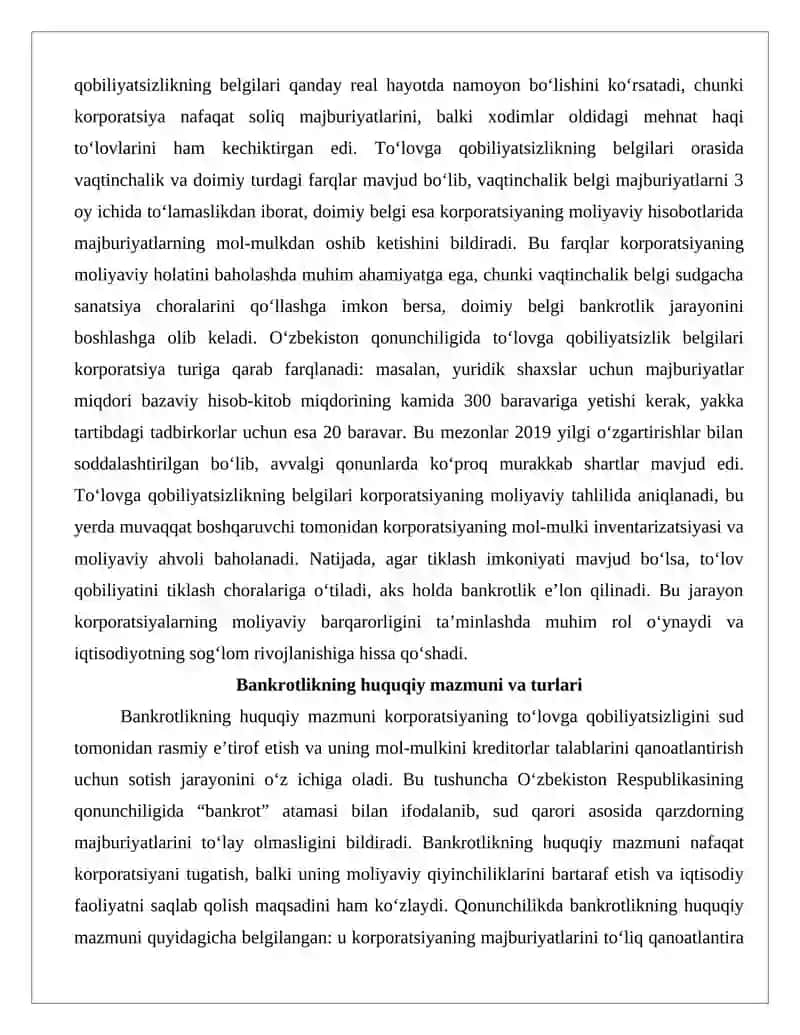 Korporatsiyalarning to'lovga qobilyatsizligi, bankrotligi, qayta tashkil etish, tugatish asoslari 4