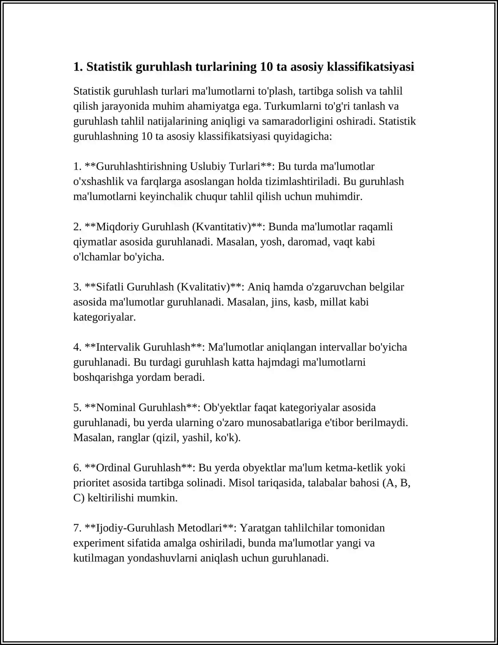 STATISTIK GURUHLASH TURLARI MAVZUSIDA 10 LISTLIK REFERAT HAMMA MALUMOTLAR ADABIYOTLARDAN OLINSIN 4