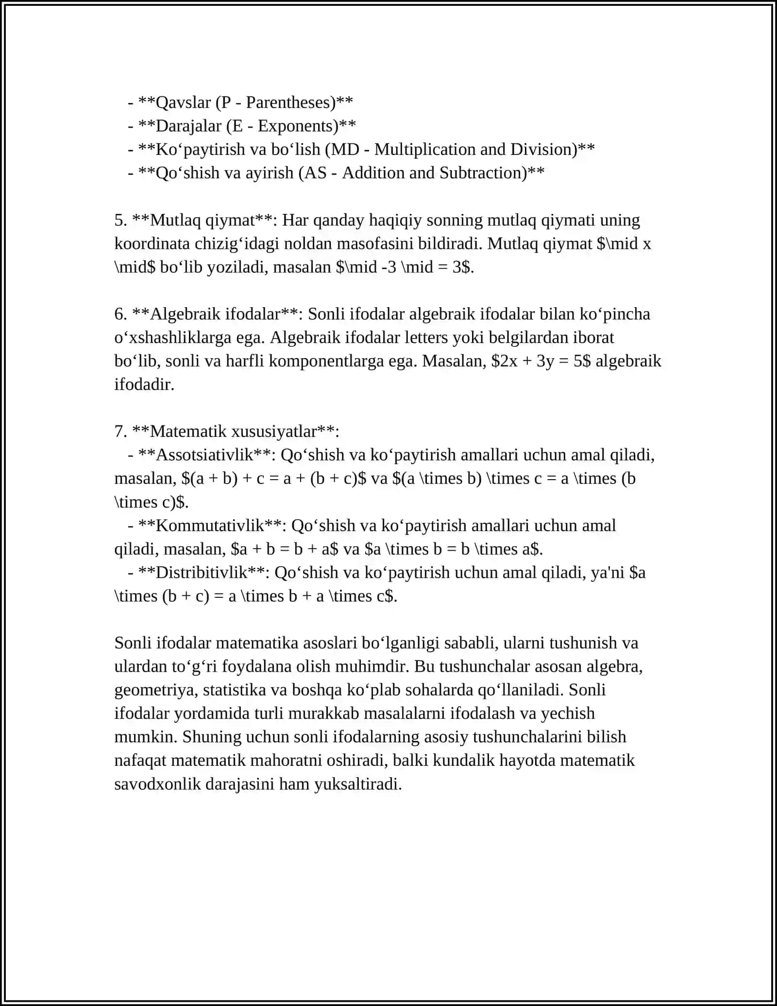 SONLI VA HARFIY IFODALAR.MATEMATIK MASALALAR VA TENGLAMALAR 4