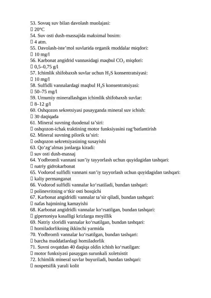 Reabilitalogiya (davolash fizkulturasi, kurortologiya, fizioterapiya) mutaxassisligi test savollari 4
