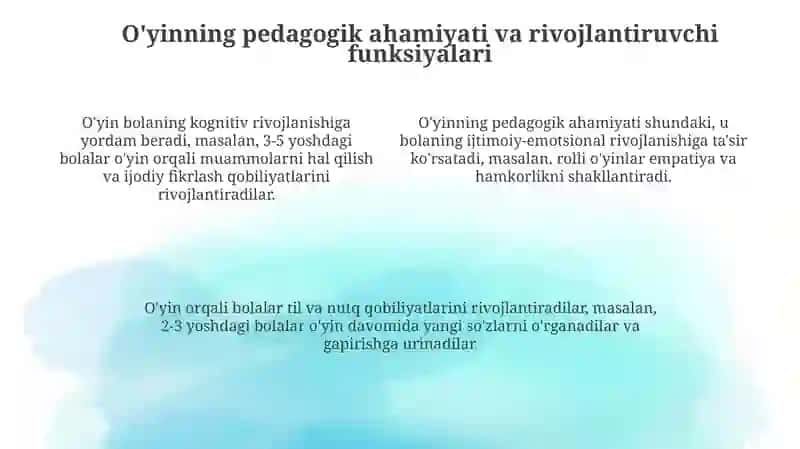O'yinning maktabgacha talim tashkiloti pedagogik jarayonidagi o'rni va ahamiyati 4