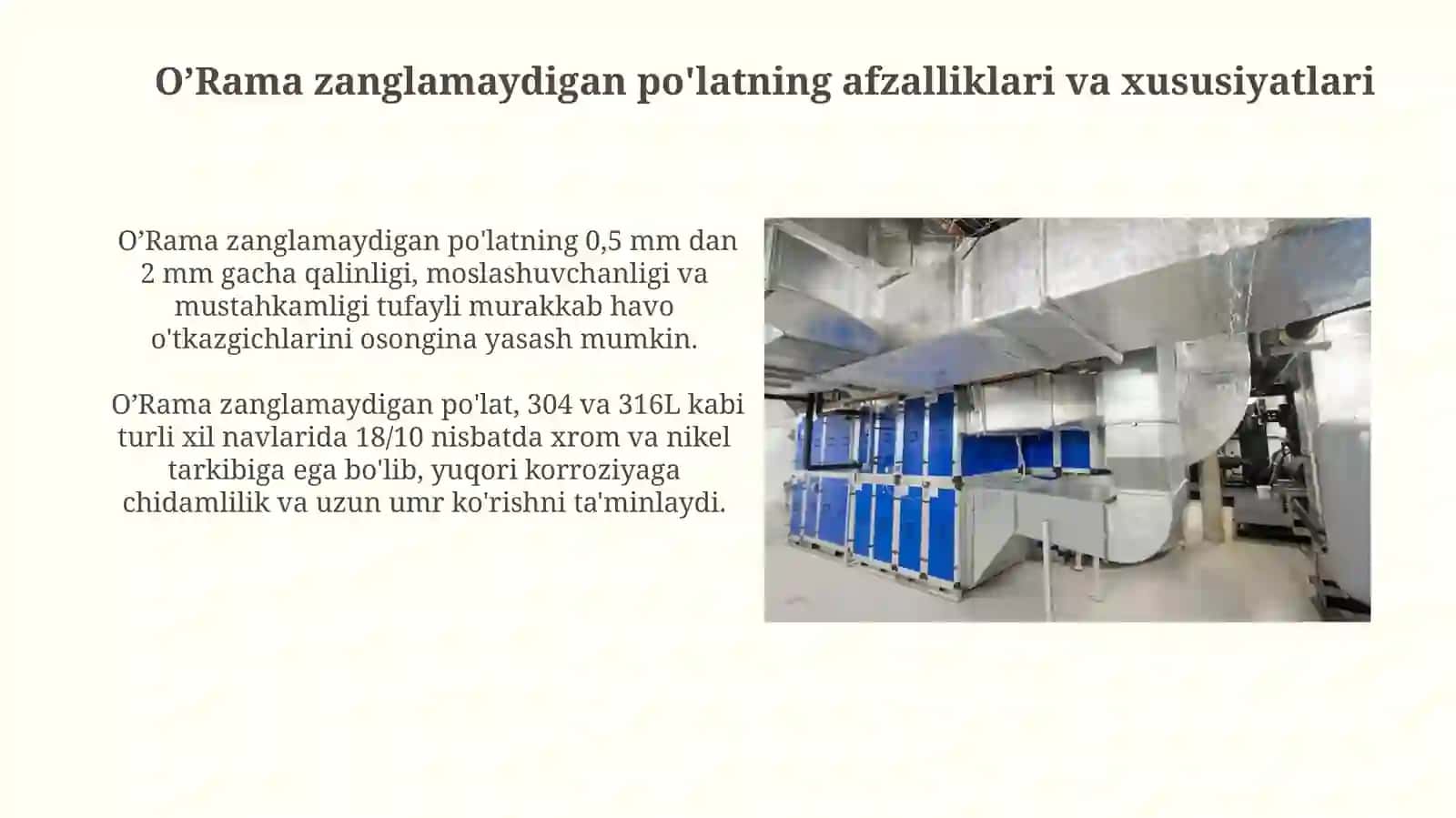 O’rama va zanglamaydigan po’latdan tayyorlangan havo o’tkazuvchi quvurlar montaji mavzusida 4