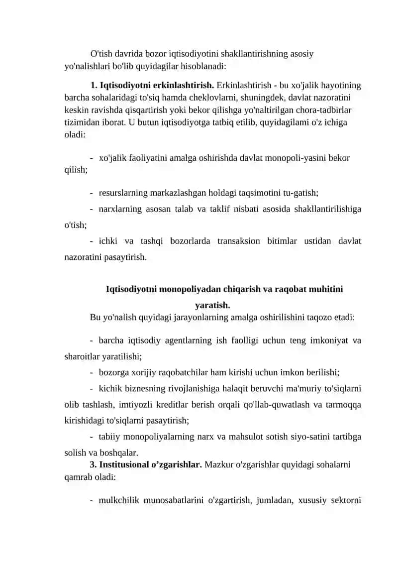 Bozor iqtisodiyotining mazmuni va unga o`tish yo`llari 4