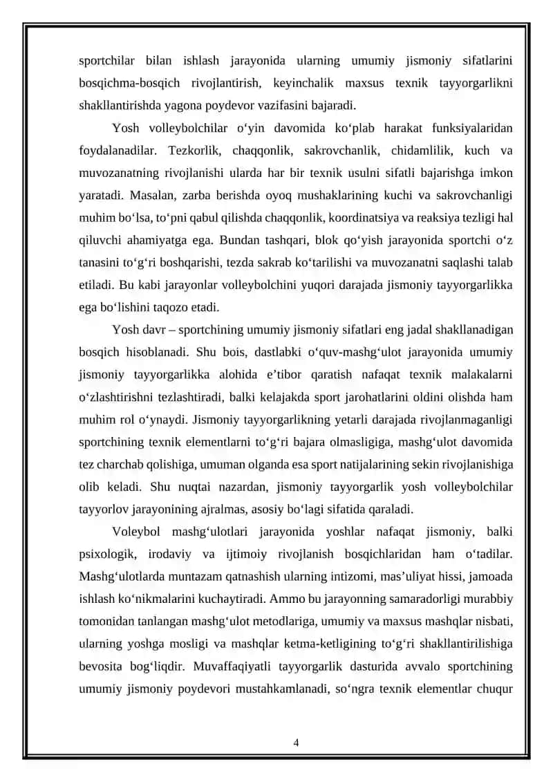 Yosh volleybolchilarning texnik tayyorgarligini namoyon qilishida umumiy jismoniy tayyorgarlikning ahamiyati 4