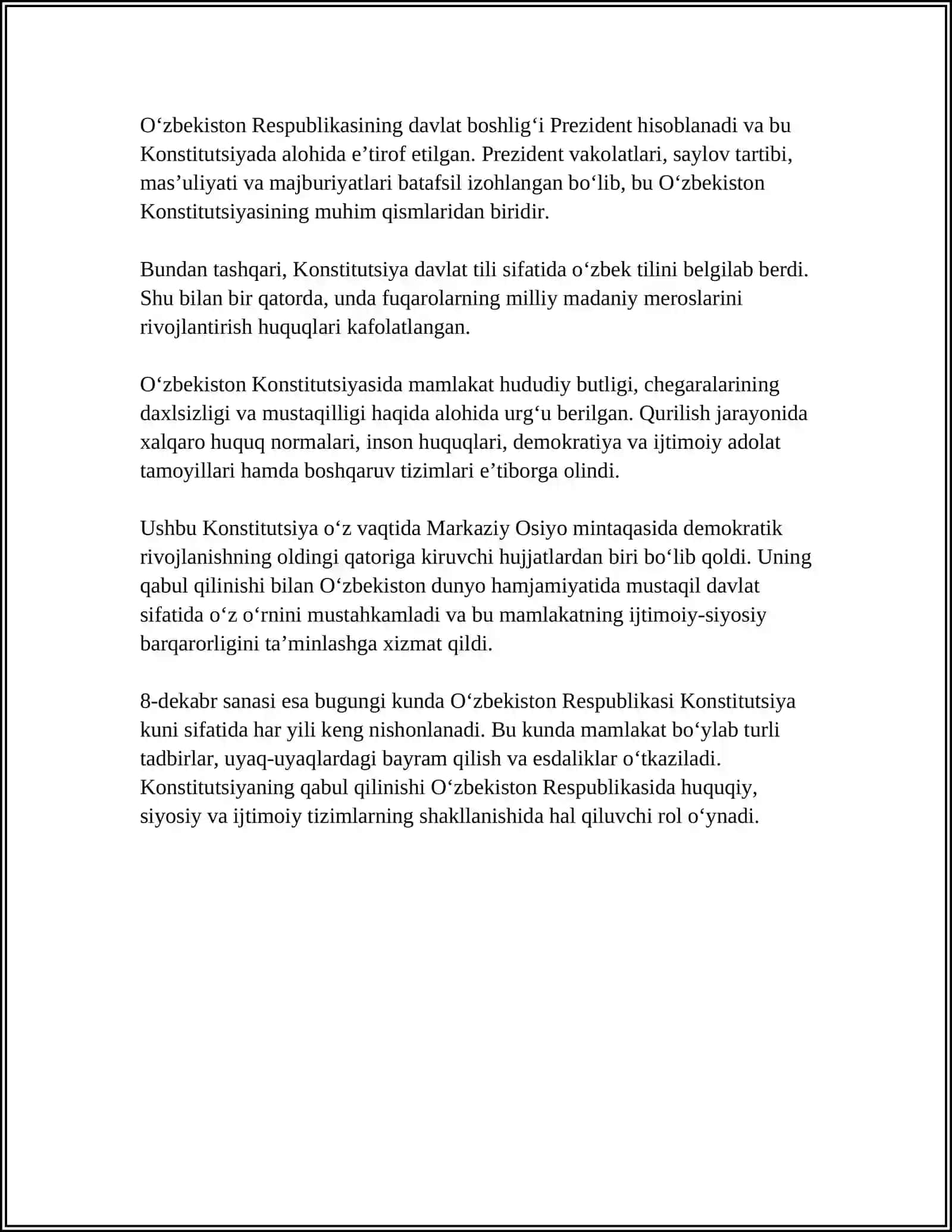 MUSTAQIL O'ZBEKISTON RESPUBLIKASI BIRINCHI KONSTITUSIYASI VA UNING O'ZIGA XOS JIHATLARI 4