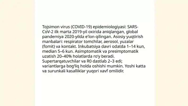 Odam immun tanqisligi virusi Tojsimon virus (covid19) epidemiologiyasi va profilaktikasi 4