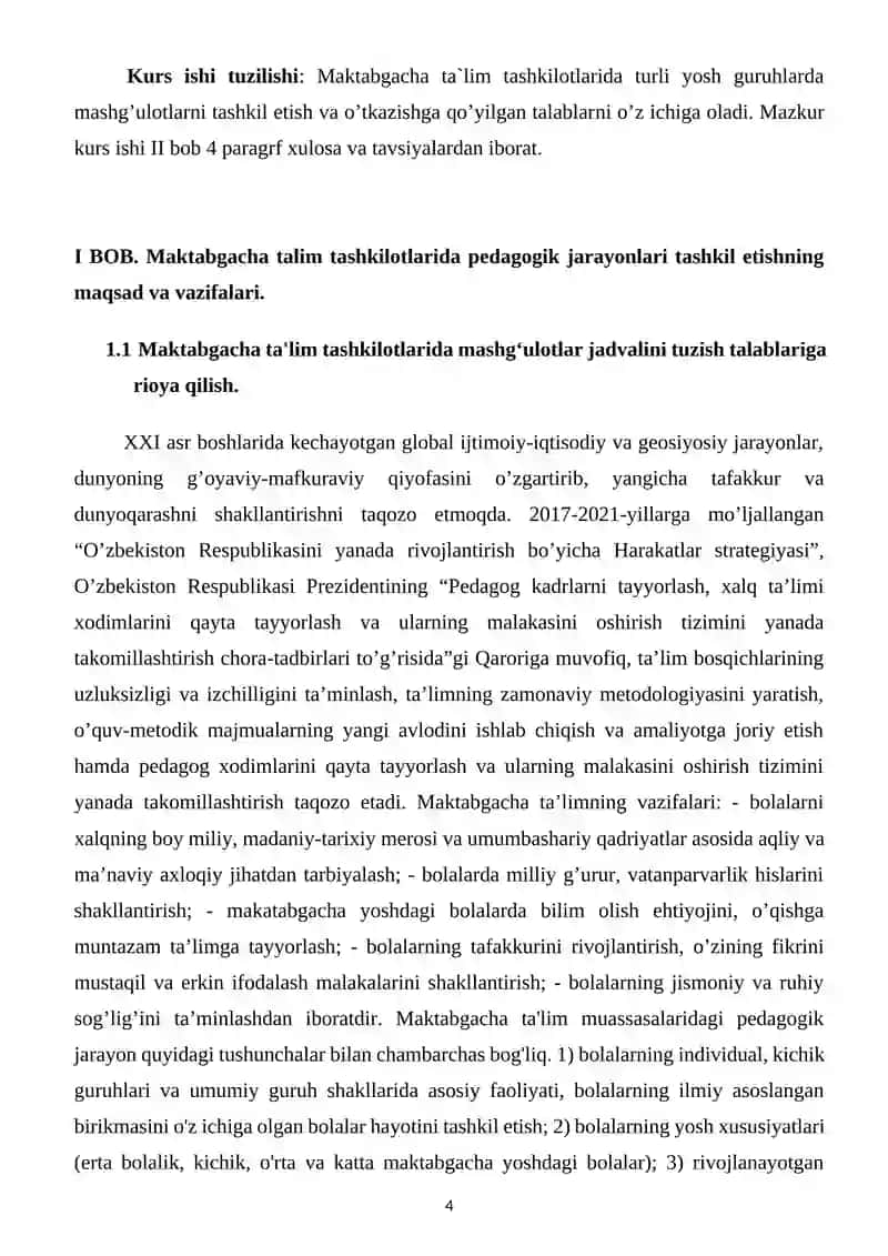Maktabgacha ta'lim tashkilotlarida turli yosh guruhlarda mashg’ulotlarni tashkil etish va o’tkazishga qo’yilgan talablar 4