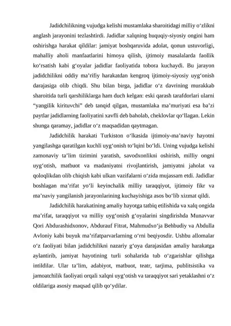 Jadid ma’rifatparvarlarining o‘lka ijtimoiy-ma’naviy hayotida tutgan o‘rni (Munavvar Qori, Fitrat, Behbudiy, Avloniy) 4