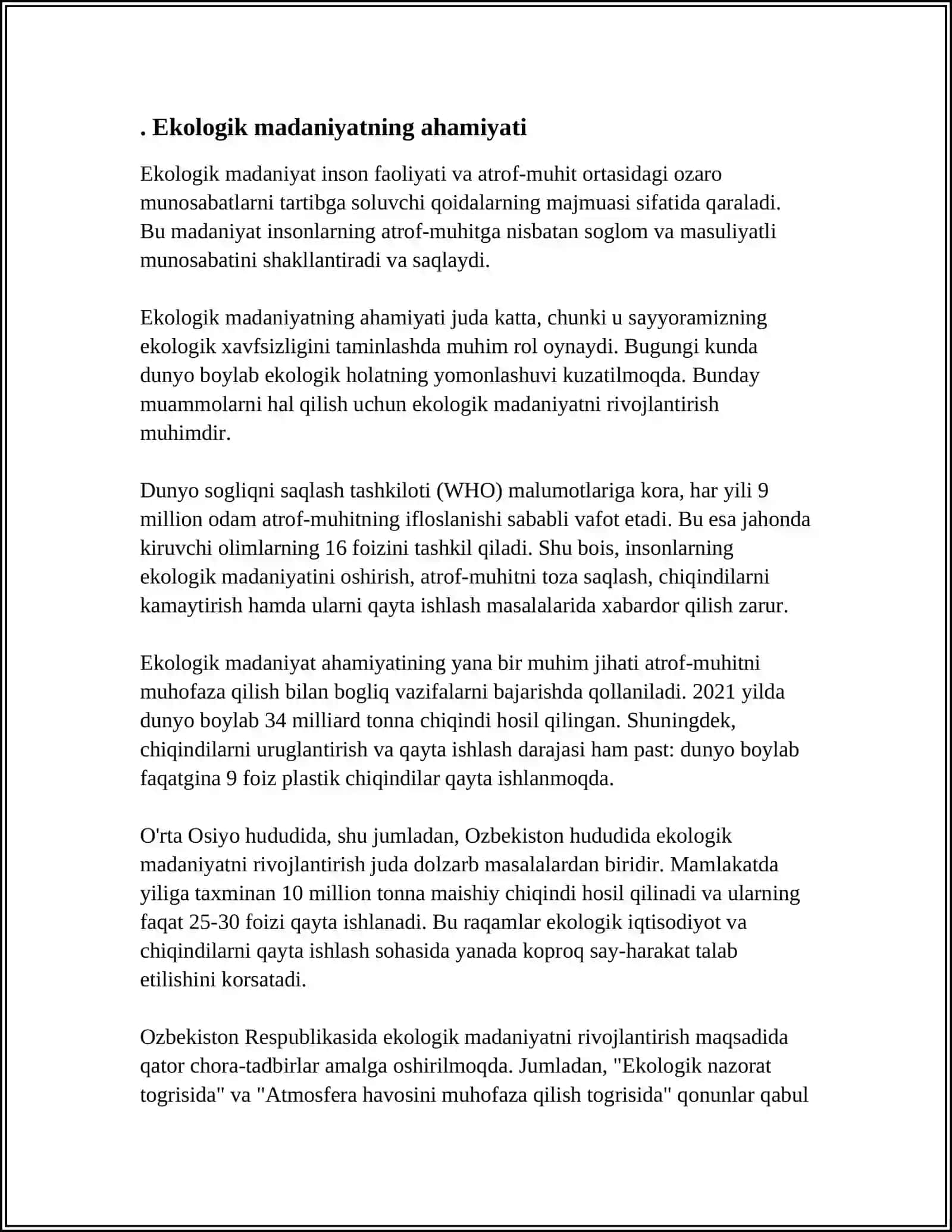 OILAVIY QADRIYATLAR ASOSIDA O'QUVCHILARNING EKOLOGIK MADANIYATINI SHAKLLANTIRISH 4