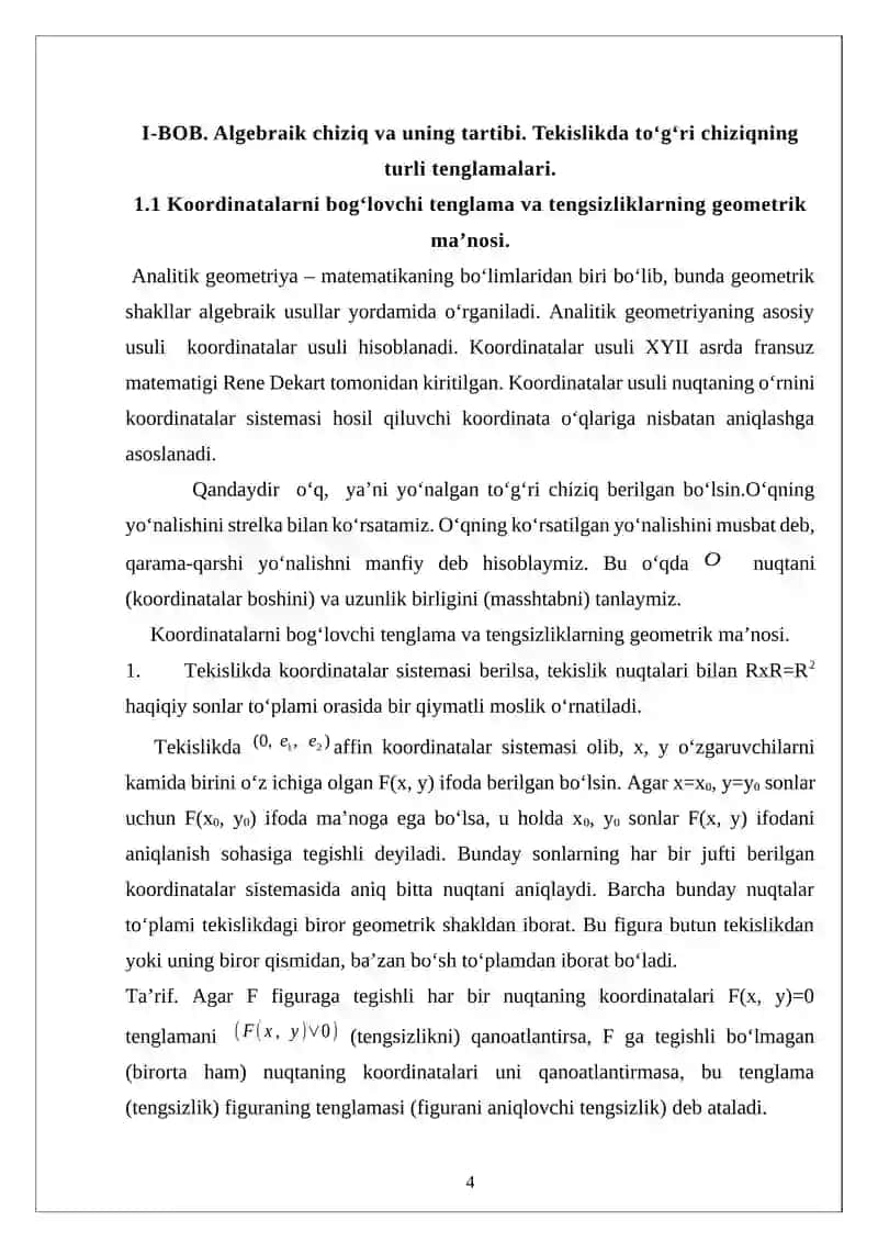 Algebraik chiziq va uning tartibi. To‘g‘ri chiziqning turli tenglamalari 4