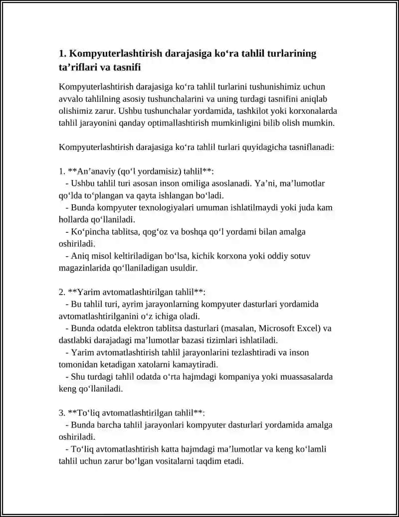 KOMPYUTERLASHTIRISH DARAJASI BO'YICHA, IJTIMOIY-IQTISODIY JARAYONLARNI O'RGANISH BO'YICHA, O'RGANILAYOTGAN OBYEKTNI QAMRAB OLISH DARAJASIGA KO'RA TAHLIL TURLARI VA ULARNING VAZIFASI 4