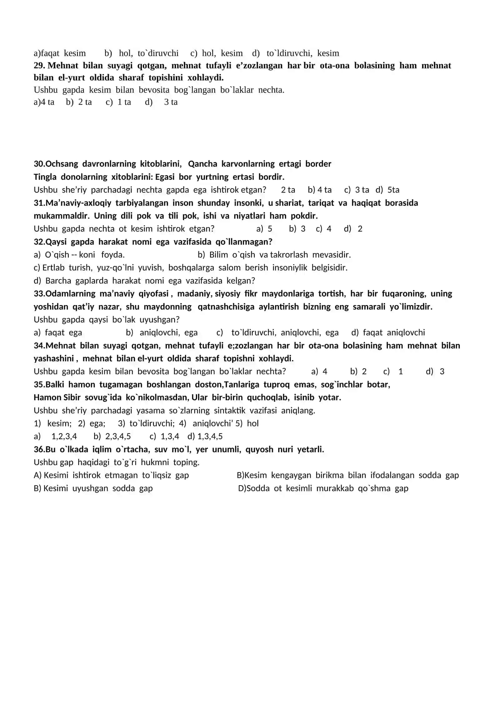 Gap bo`laklari yuzasidan test savollari 4