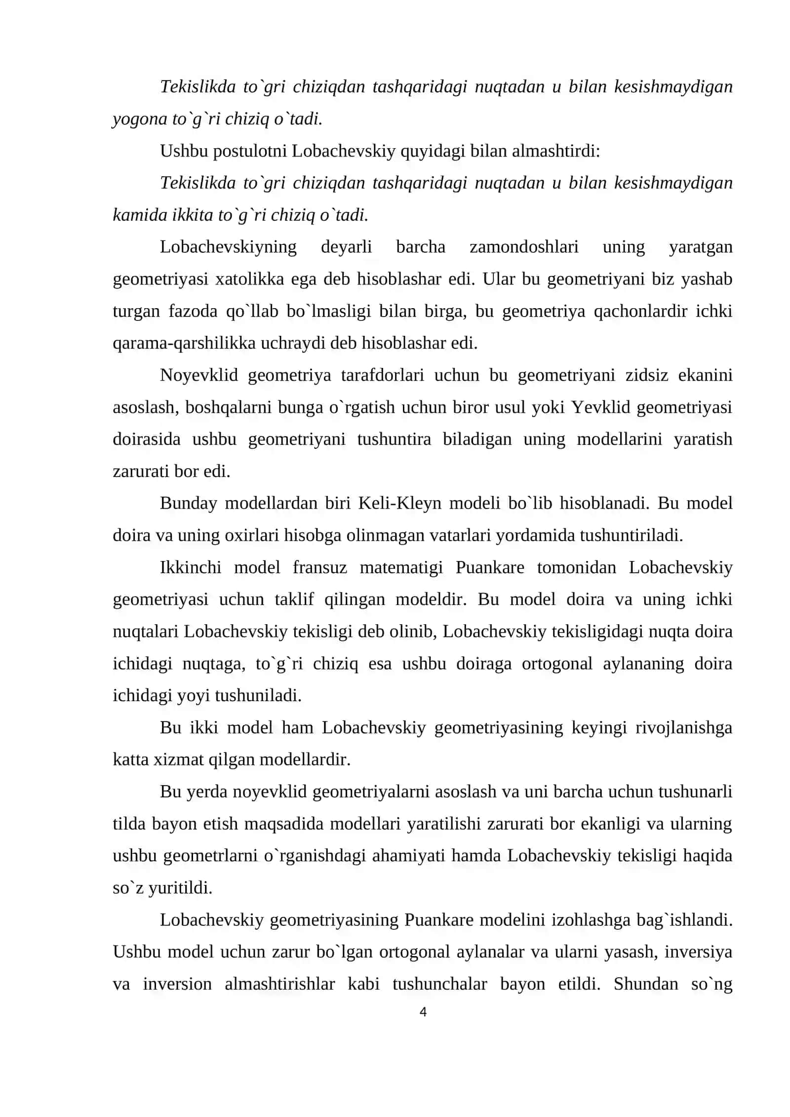 Tekislikdagi Lobachevskiy aksiomasi va undan kelib chiqadigan natijalar 4