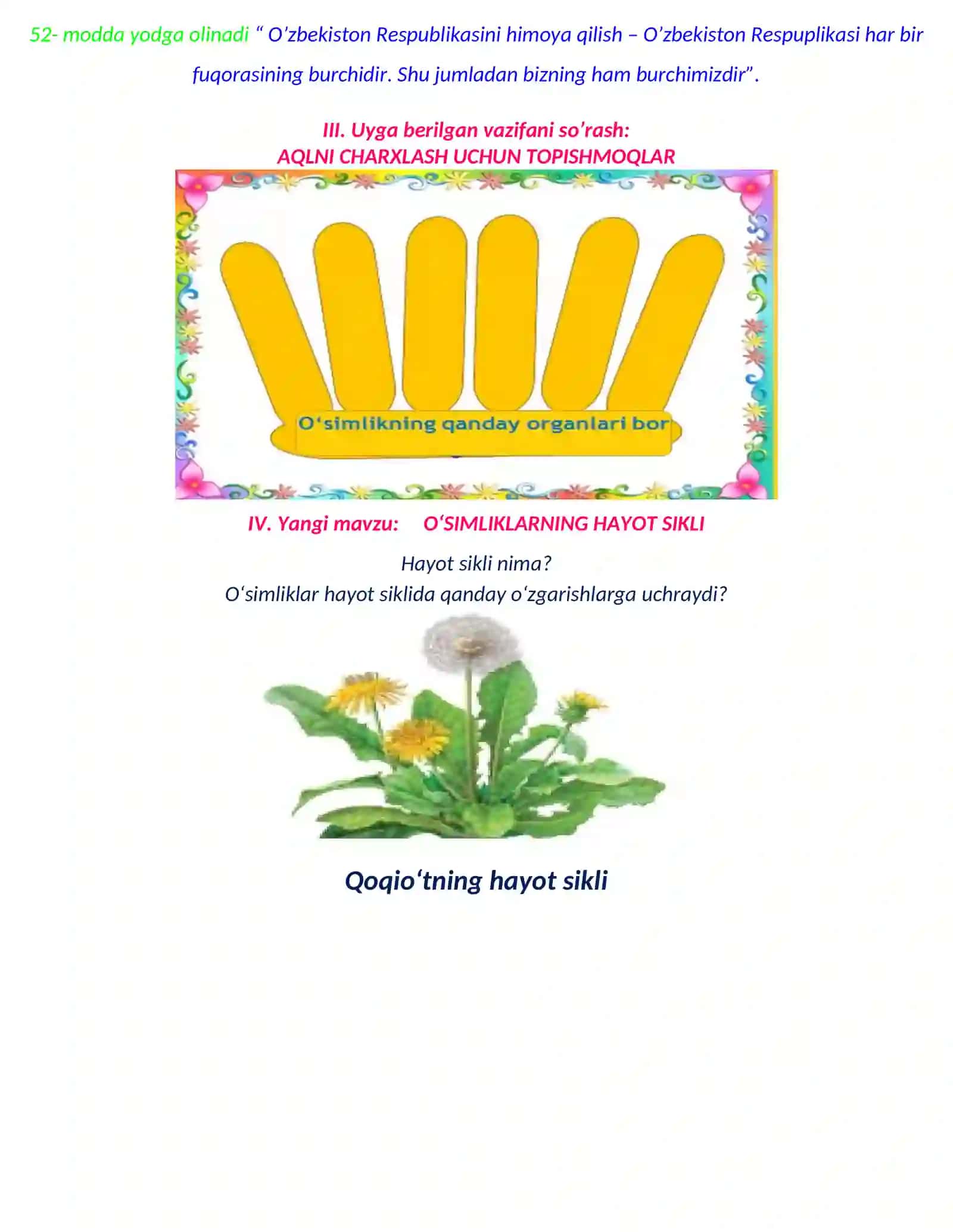 3-sinf Tabiiy fan O'simliklarning hayot sikli dars ishlanma 4