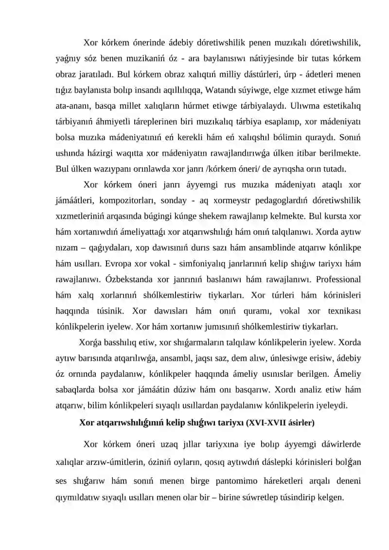 Xor hám xortanıw. Dirijyorlıq tiykarları pánine kirisiw. Xor kórkem óneriniń rawajlanıwı 4