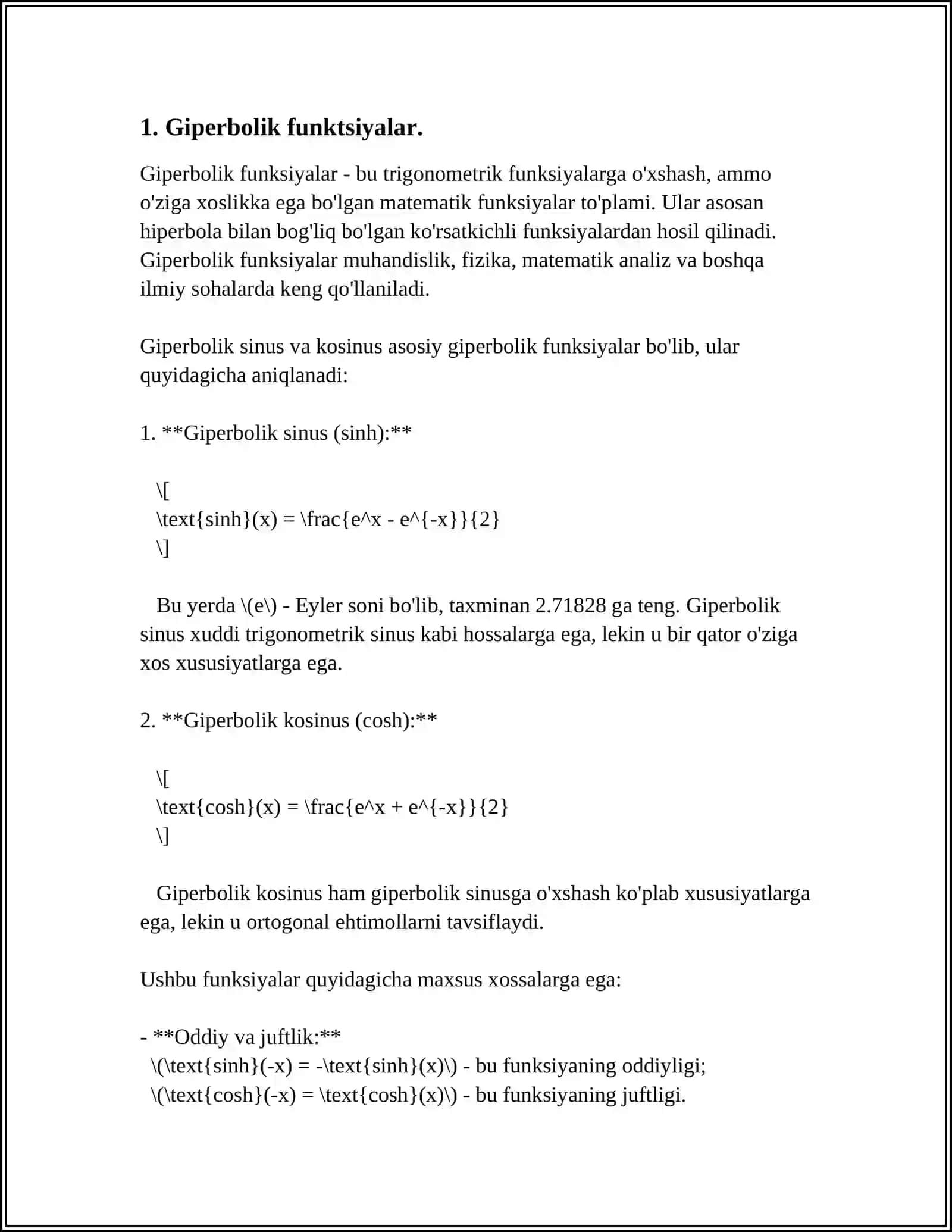 GIPERBOLIK VA TESKARI GIPERBOLIK FUNKSIYALAR. YOPIQ EGRI CHIZIQ BOʻYICHA OLINGAN INTEGRAL 4
