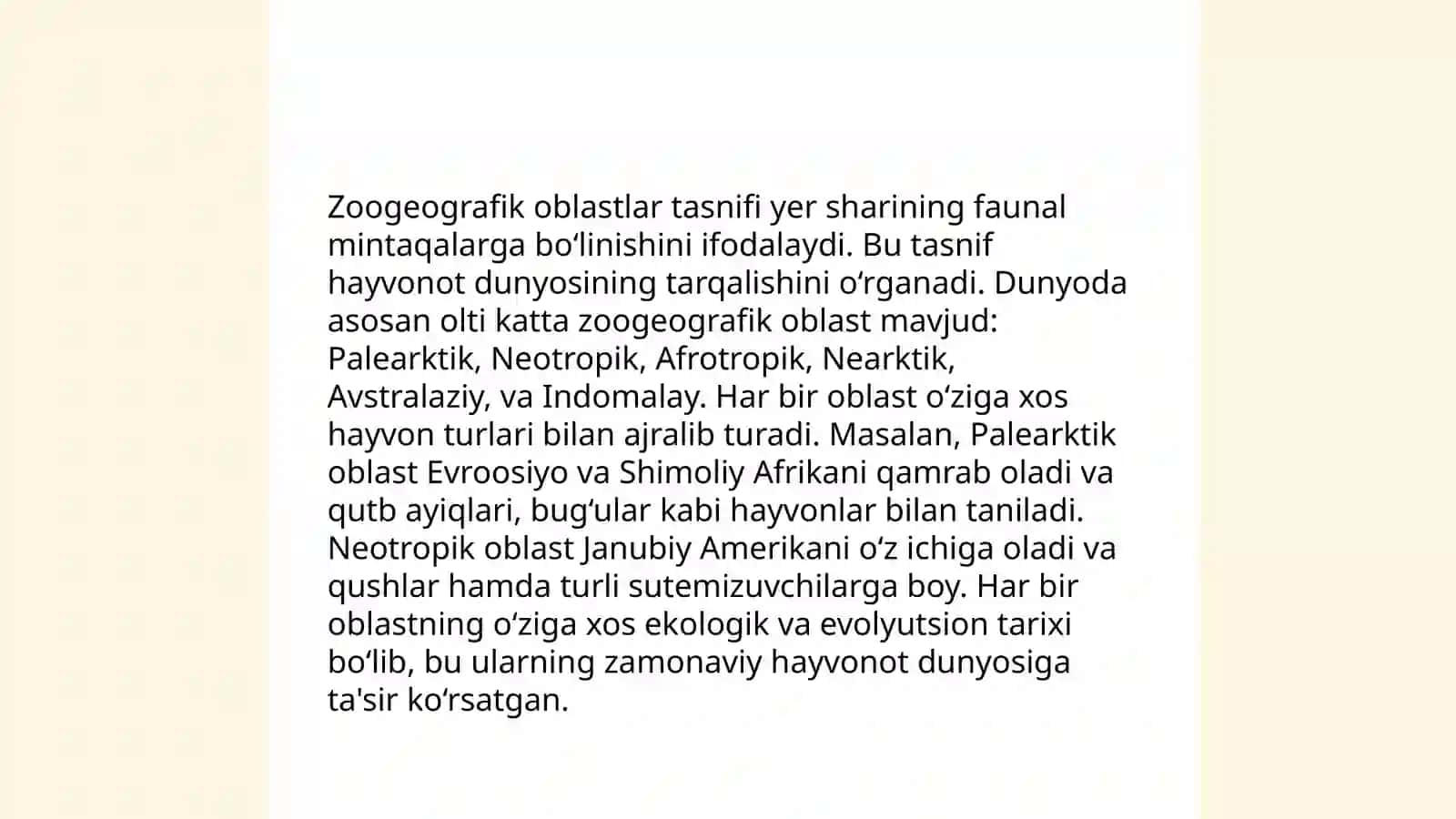 Zoogeografik oblastlar faunasining oʻxshashlik va farqlarini qiyosiy oʻrganish 4