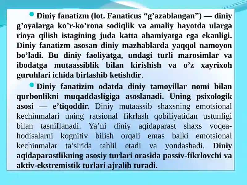 Diniy fanatizm, ekstremizm, fundamentalizm, terrorizmning tarixi va ularning hozirgi davrda xavfsizlikga tahdidi 4