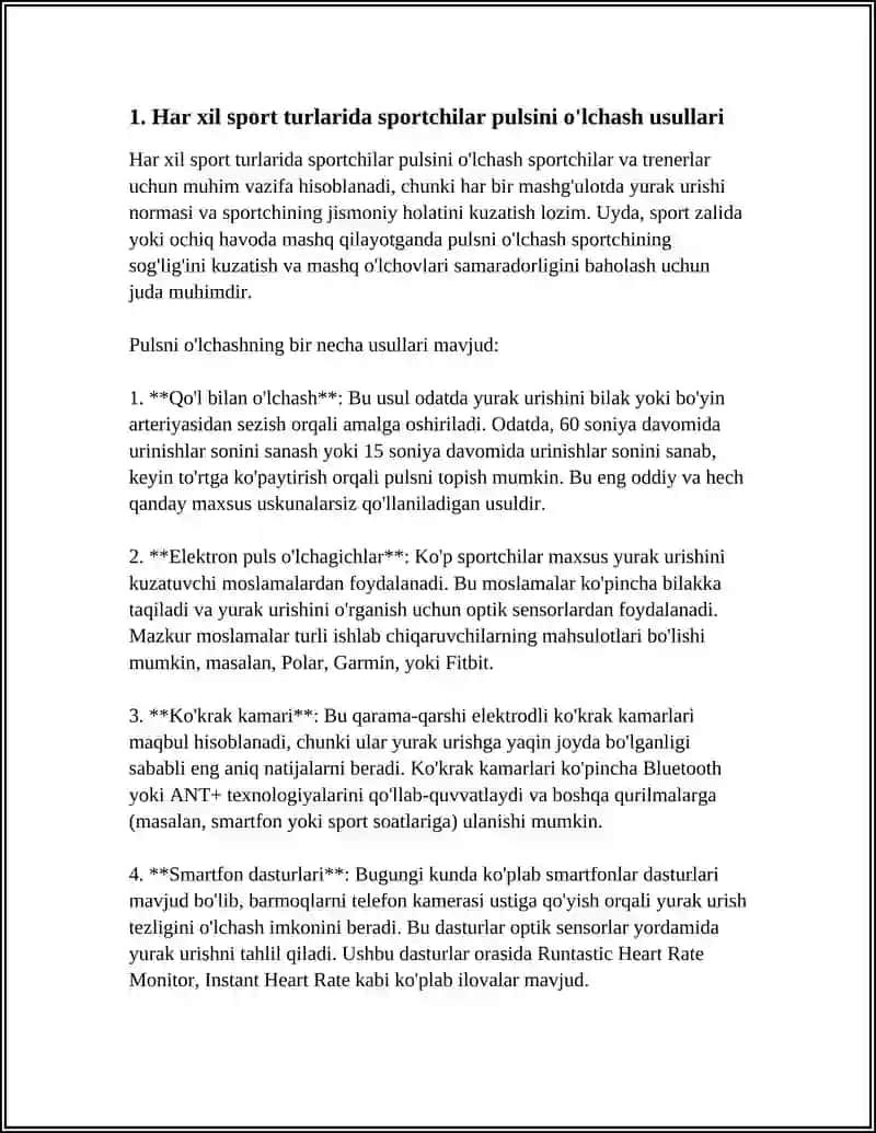 HAR XIL MALAKALI SPORTCHILARDA RAZMINKADAN OLDIN VA MASHGʻULOTDAN KEYIN PULS VA NAFAS TEZLIGINI TEKSHIRISH BILAN ORGANIZMNING FUNKTSIONAL REZERVLARINI BAHOLASH 4