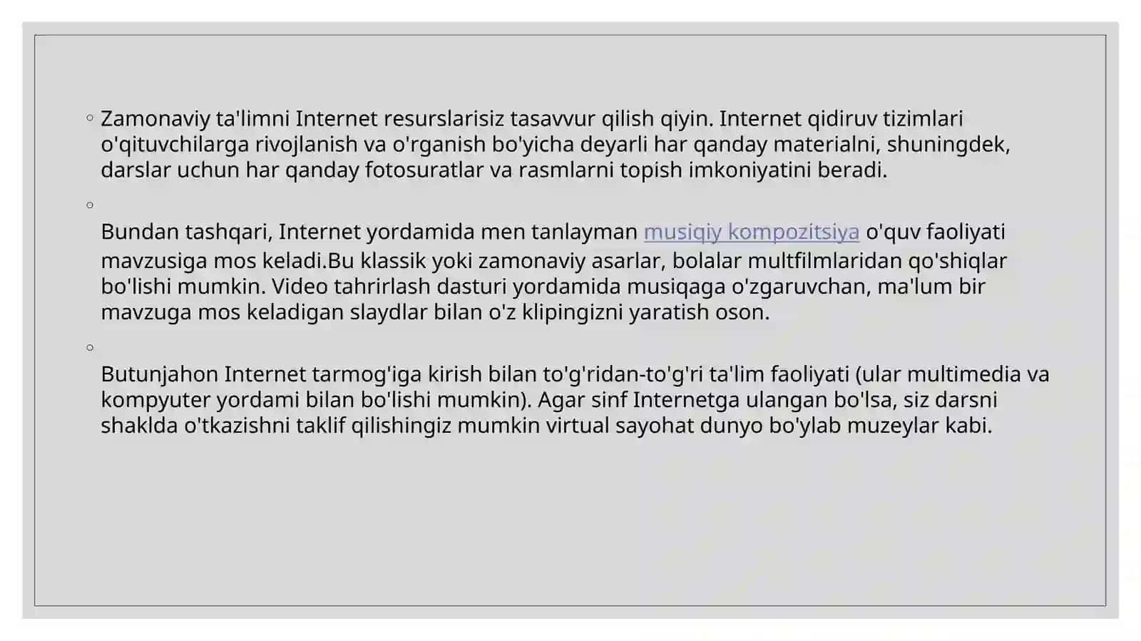 BOSHLANG‘ICH TA'LIM YO'NALISHISBT-5.20 GURUH TALABASI MUHAMMADIYEVA NARGIZANING BOSHLANG'ICH TA‘LIM PEDOGOGIKASI INNAVATSIYASI VA INTEGRATSIYASI FANIDAN TAYYORLAGAN TAQDIMOTI 4