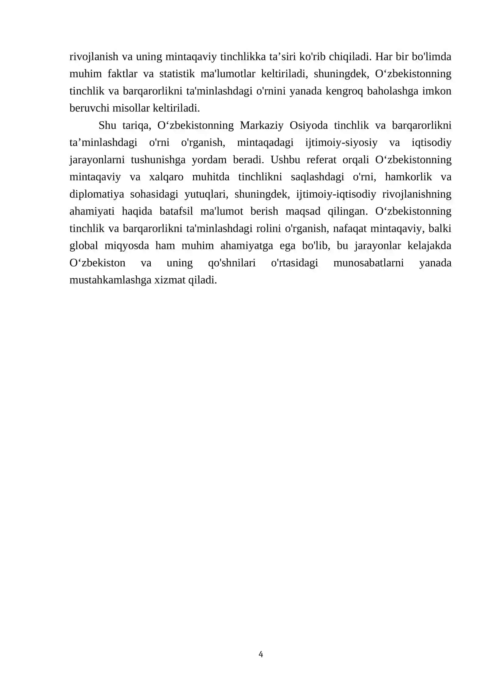 Oʻzbekistonning Markaziy Osiyoda tinchlik va barqarorlikni taʼminlashdagi oʻrni 4