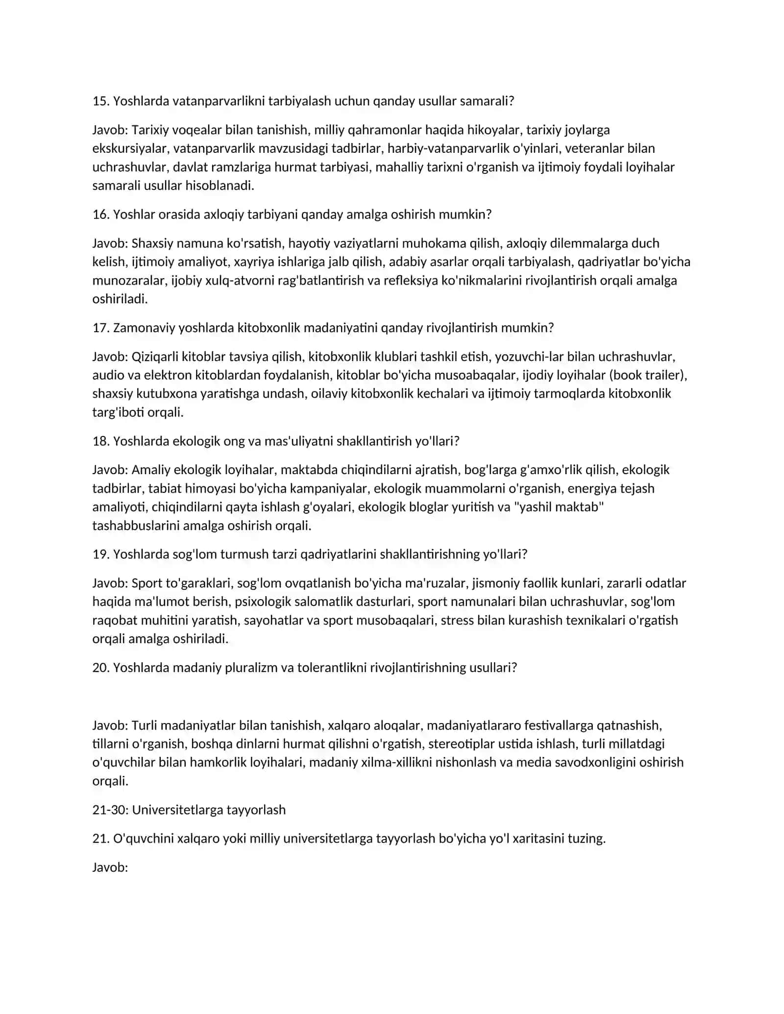 Maktab maslahatchisi lavozimi uchun imtihon savollari va javoblari 4